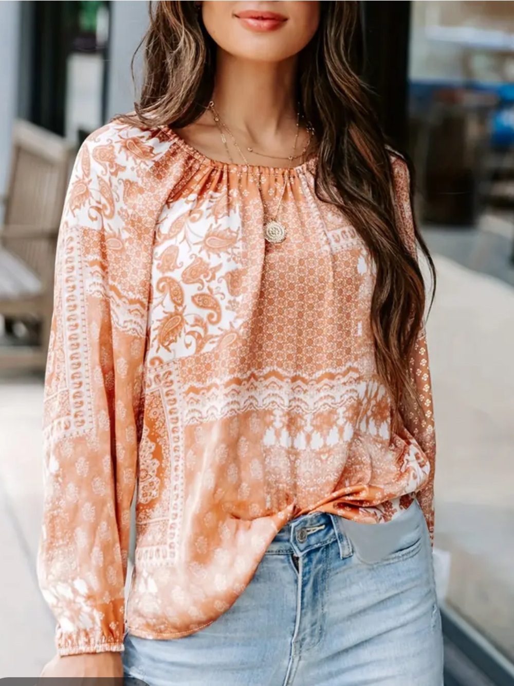 Promesa Patchwork & Paisley Print Long Sleeve Bohemian Top. Size S